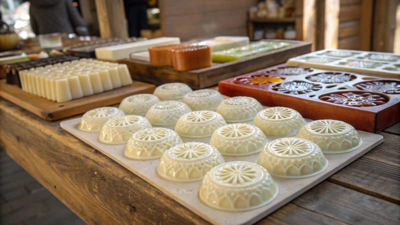Assorted resin molds on a wooden table