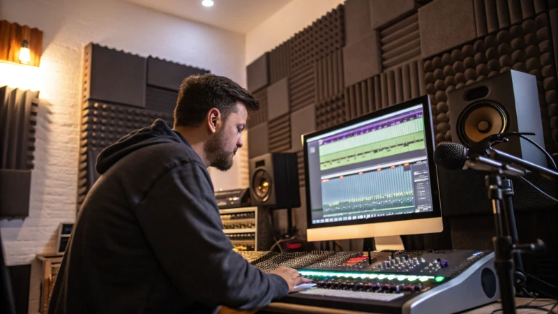 A professional audio engineer working in a modern studio