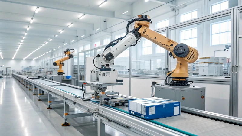 ロボットアームとコンベアベルトを備えた最新の自動製造施設