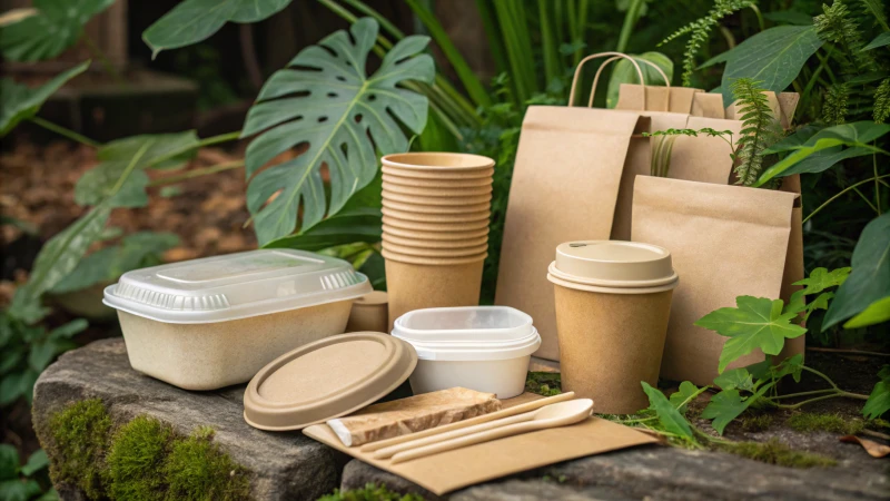 An arrangement of biodegradable plastic products surrounded by greenery.