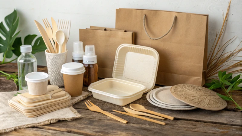 A collection of biodegradable plastic products on a rustic wooden surface.