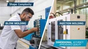 Infographic comparing blow molding and injection molding processes