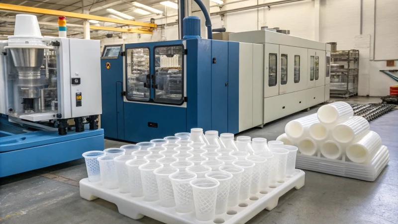 A side-by-side comparison of blow molding and injection molding machines in action.