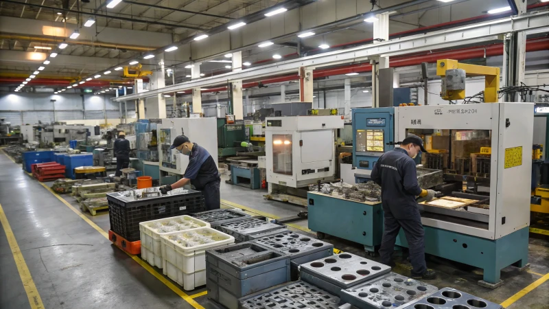 A busy industrial workshop with workers monitoring molds in action.