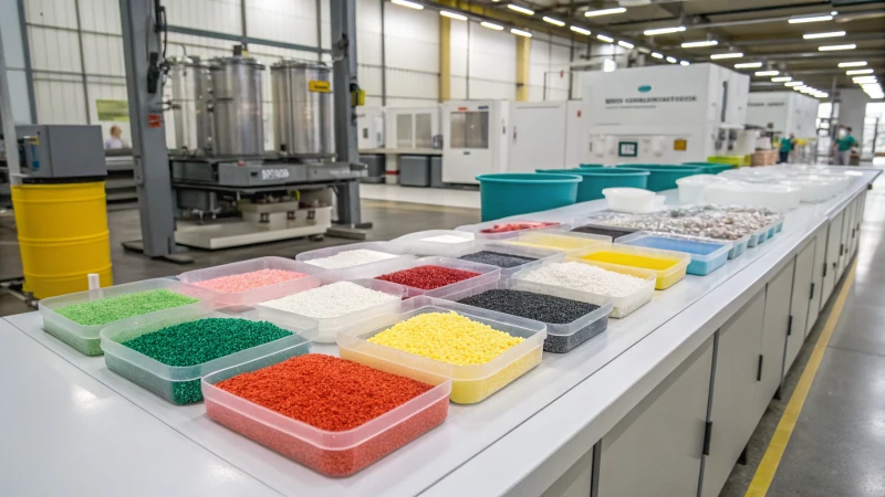 An industrial workspace displaying various thermoplastics for gas-assisted injection molding.