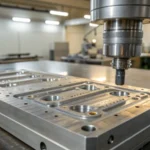 Close-up of an intricate injection mold in an industrial environment