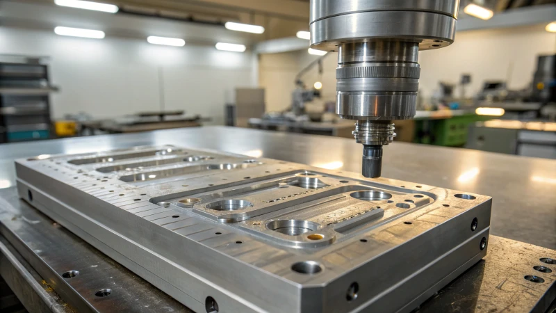 Close-up of an intricate injection mold in an industrial environment