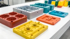 Close-up of colorful plastic components on white surface