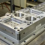 Close-up of a complex injection mold showcasing core and cavity components