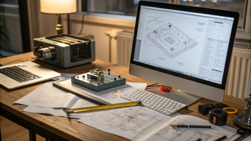 A computer workstation with CAD software on the monitor and cluttered workspace
