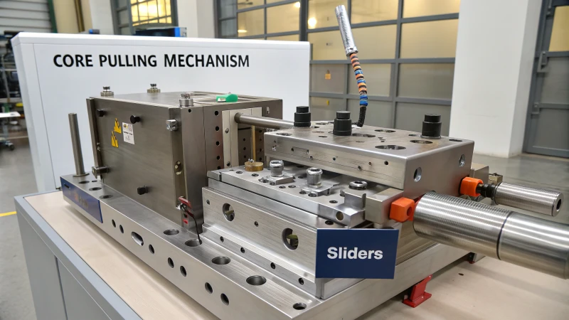 Technical illustration of a core pulling mechanism in an injection mold