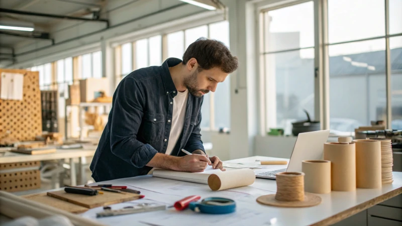 A designer in a contemporary workshop surrounded by biodegradable materials.