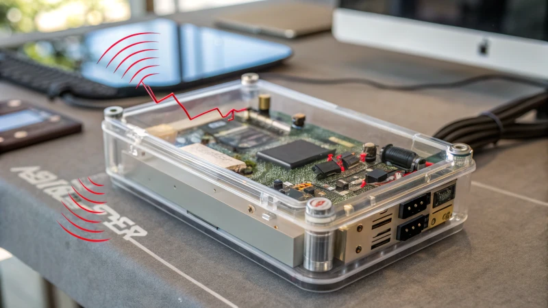 Diagram of an electronic device with transparent casing showing internal components and electromagnetic wave shielding.