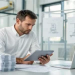 Engineer reviewing injection molding costs on a tablet in a modern office