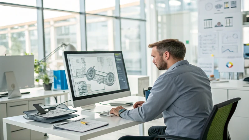 A professional engineer working on a 3D mold design in a modern office