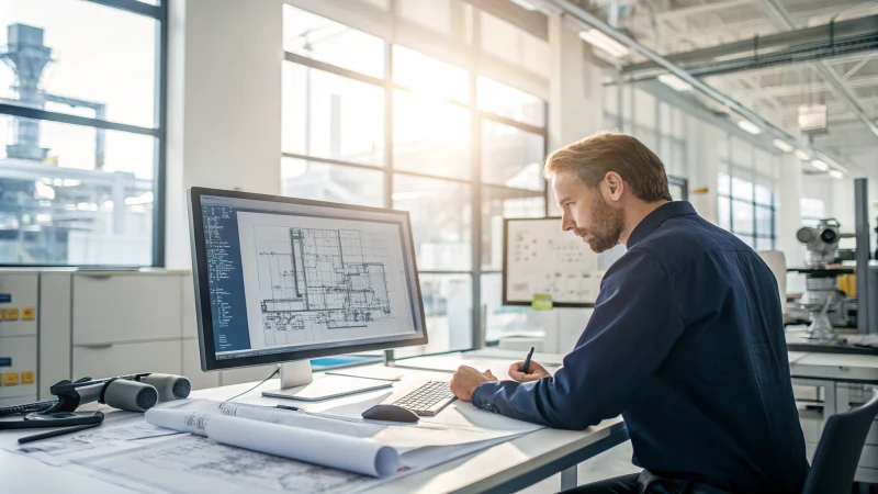 A modern CAD/CAM workstation with tools and 3D designs
