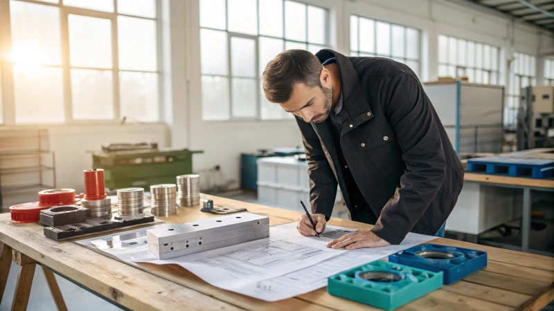Professional engineer examining blueprint in workshop