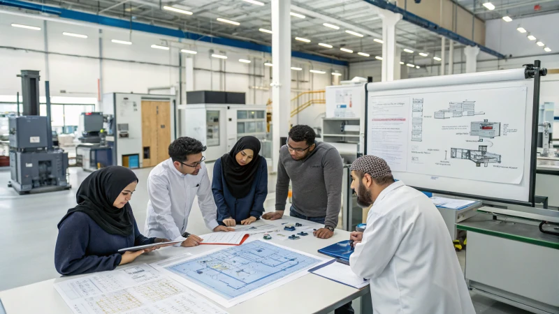 Engineers discussing mold design blueprints in a bright workshop