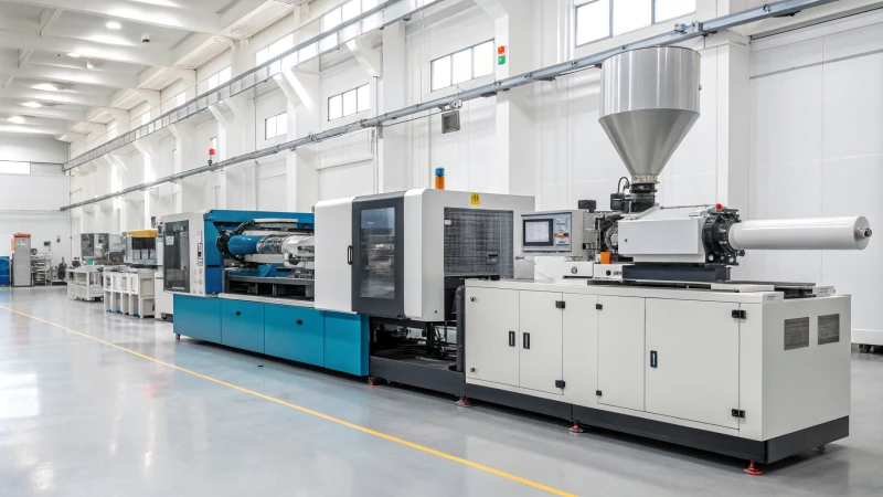 Injection molding machine in operation with molten plastic