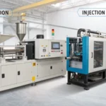 Technical illustration comparing extrusion and injection molding processes