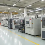A clean and organized factory floor with injection molding machines