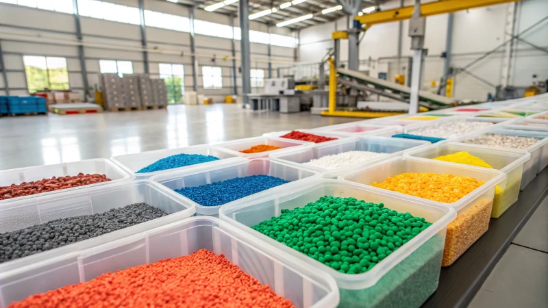 Interior view of a factory with colorful raw materials for injection molding