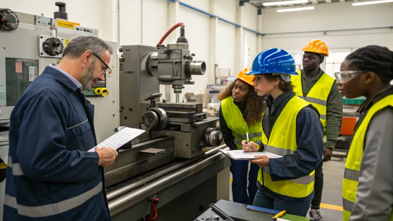 Diverse workers in a factory training session around machinery