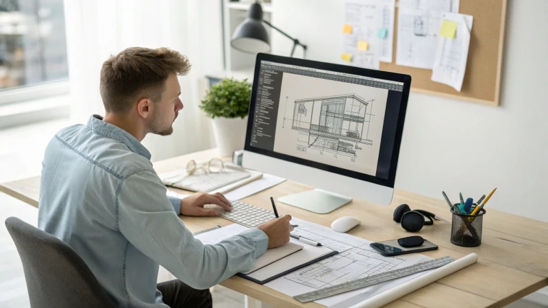 A designer analyzing CAD models on a computer screen in a modern workspace.