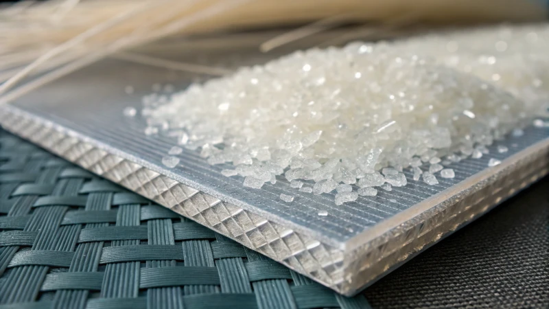 Close-up of glass fiber fillers in a transparent polymer matrix