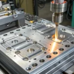 Close-up of a high-precision injection mold in a workshop