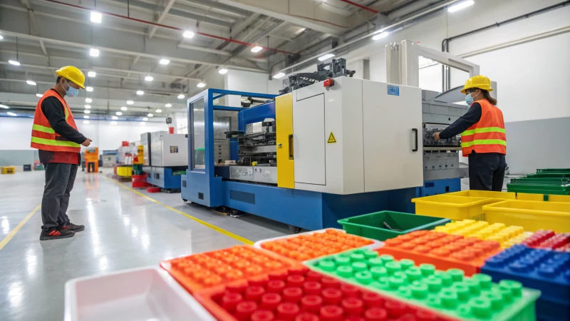 Close-up of an industrial injection molding machine in a factory