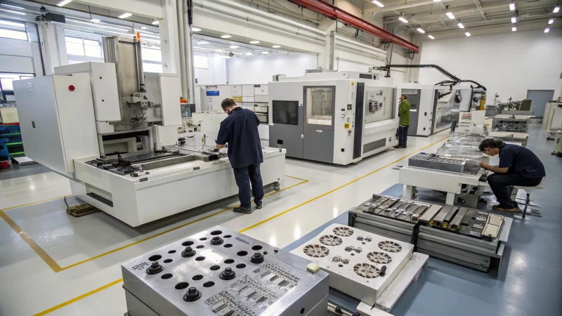A high-tech manufacturing facility with advanced CNC machines and workers in action.