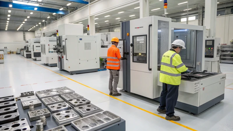 A high-tech manufacturing facility for mold production with CNC machines and workers.