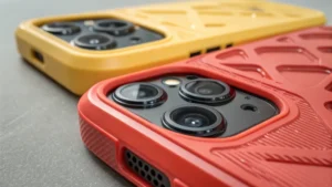 Close-up of a high-tech overmolded product showcasing two materials