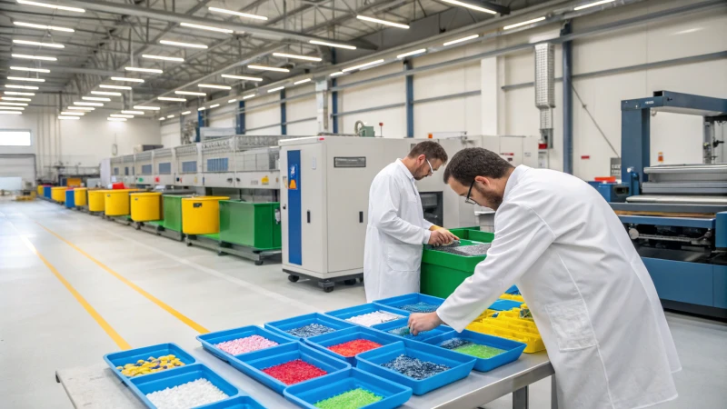 Workers testing recycled plastics in a factory