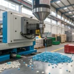 Photorealistic image of an industrial injection molding machine in a factory