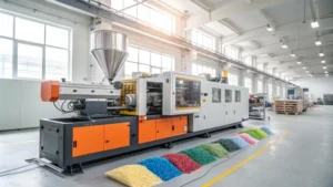 A modern injection molding machine in a factory setting
