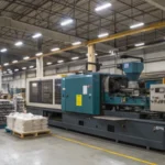 Large industrial injection molding machine in a manufacturing facility