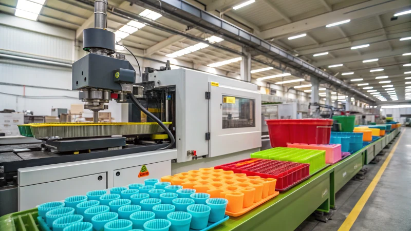 Modern industrial injection molding machine in a factory