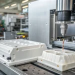 A detailed image of an industrial injection molding machine with a freshly ejected plastic part