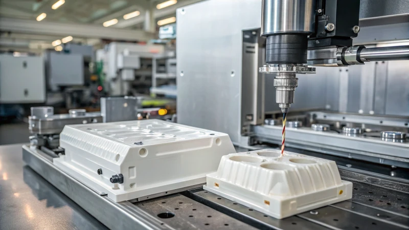 A detailed image of an industrial injection molding machine with a freshly ejected plastic part