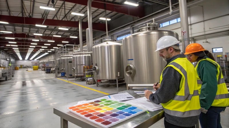 Workers monitoring color mixing tanks in an industrial facility