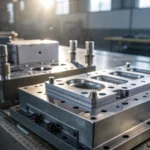 Close-up of an industrial mold base in a manufacturing facility