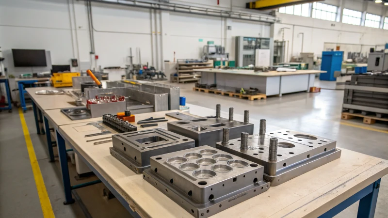 Close-up of industrial molds and dies on a workshop table
