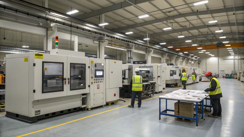Workers in an industrial setting with injection molding machines