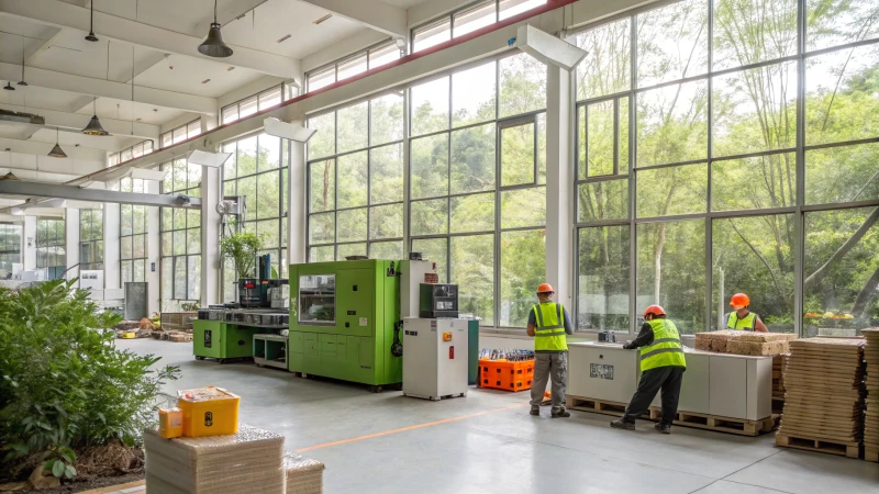 A bright industrial workshop with workers operating machinery for biopolymer molding.