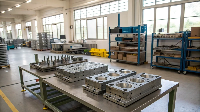 An industrial workshop with molds for injection molding on a large table