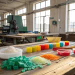 A well-lit industrial workspace with biopolymer materials on a table