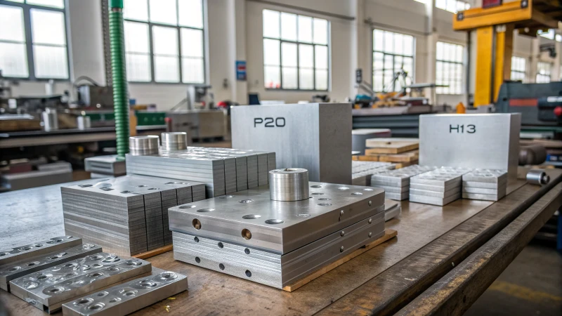 A detailed industrial workspace with injection mold materials