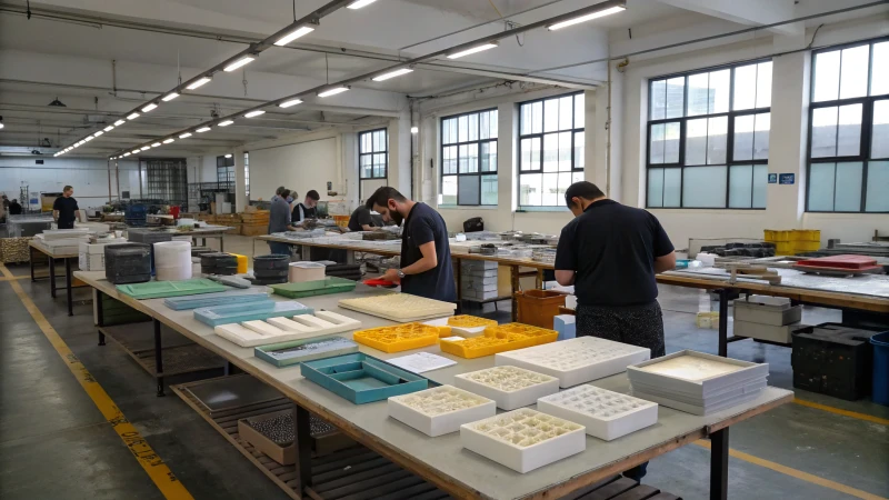 A view of an industrial manufacturing facility with injection molding and blow molding processes in action.